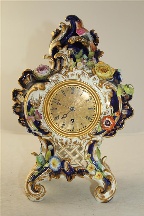 A Coalport Coalbrookdale porcelain mantel clock, height 24cm, slight losses